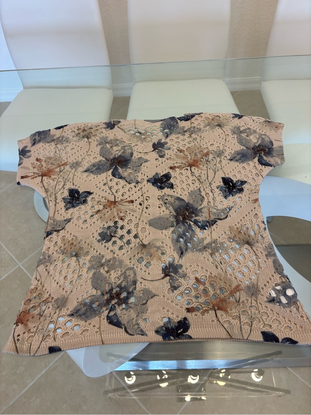 Floral Open-Weave Short Sleeve Top - Beige Floral